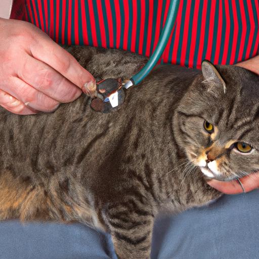 Bác sĩ thú y đang sử dụng ống nghe để khám bụng phình của một con mèo.