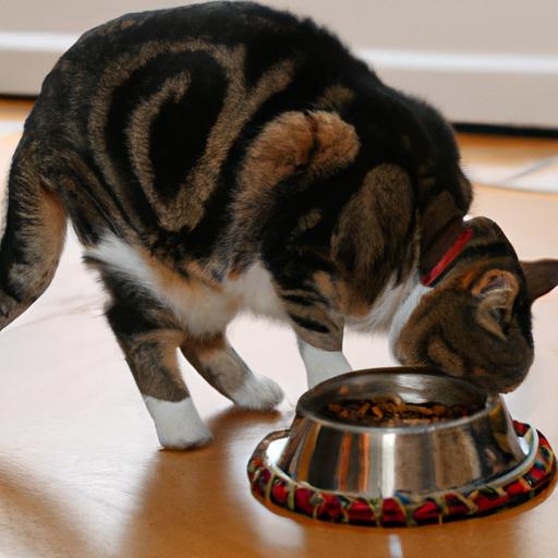 Mèo đang ăn từ bát ăn với bụng phình to.