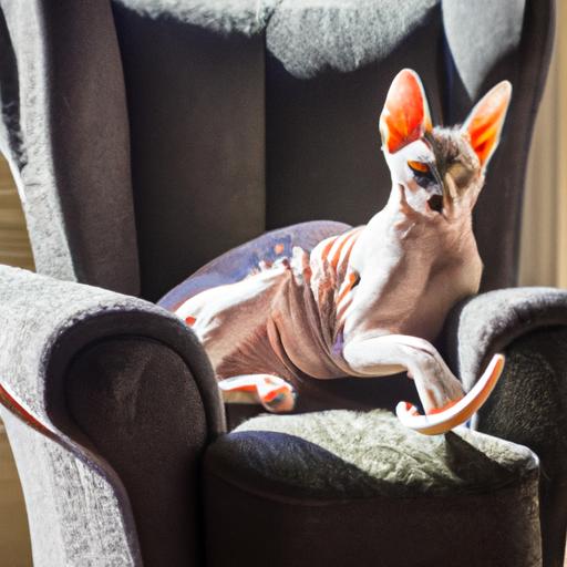 Mèo không lông Sphynx đang thư giãn trên ghế bọc nệm trong phòng nắng.